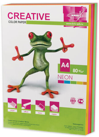 Бумага цветная CREATIVE color, А4, 80 г/м2, 250 л., (5 цветов х 50 листов) микс неон, БНpr-250r