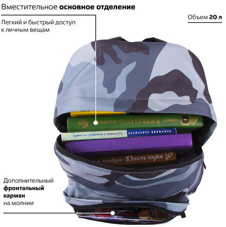 Рюкзак BRAUBERG, универсальный, сити-формат, Серый камуфляж, 20 литров, 41х32х14 см, 228857