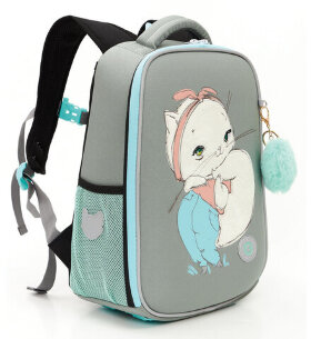 Ранец GRIZZLY анатомическая спинка, облегченный, для девочек, WHITE CAT, 37х26х16 см, RAw-396-4/2