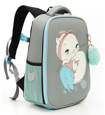 Ранец GRIZZLY анатомическая спинка, облегченный, для девочек, WHITE CAT, 37х26х16 см, RAw-396-4/2