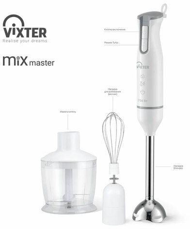 Блендер погружной 3 в 1 VIXTER HBW-0864, 750 Вт, 2 скорости, TURBO, 3 насадки, белый