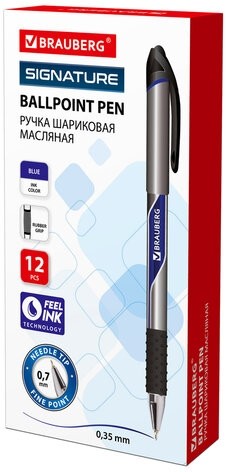 Ручка шариковая масляная с грипом BRAUBERG "Signature", СИНЯЯ, печать, узел 0,7 мм, линия письма 0,35 мм, 142688