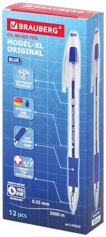 Ручка шариковая масляная с грипом BRAUBERG "Model-XL" ORIGINAL, СИНЯЯ, узел 0,7 мм, линия письма 0,35 мм, 143242