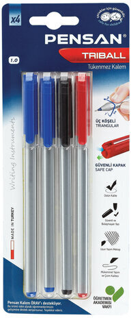Ручки шариковые масляные PENSAN &quot;Triball Colored&quot;, НАБОР 4 шт., АССОРТИ, 1 мм, линия письма 0,5 мм, 1003/B4