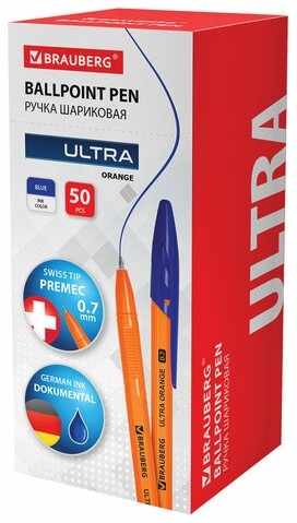 Ручка шариковая BRAUBERG "ULTRA ORANGE", СИНЯЯ, узел 0,7 мм, чернила ГЕРМАНИЯ, наконечник ШВЕЙЦАРИЯ, 143562
