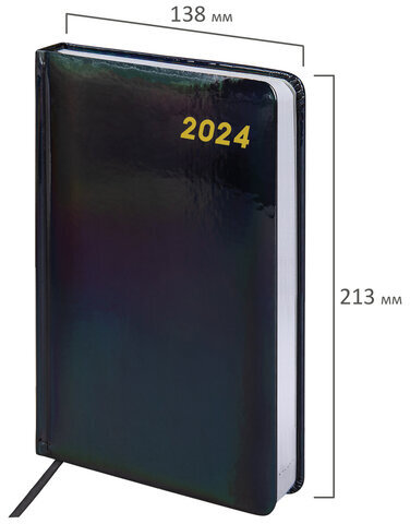 Ежедневник датированный 2024 А5 138x213 мм, BRAUBERG "Holiday", под кожу, "зеркальный", черный, 114847