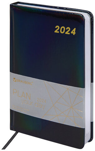 Ежедневник датированный 2024 А5 138x213 мм, BRAUBERG "Holiday", под кожу, "зеркальный", черный, 114847