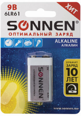 Батарейка SONNEN Alkaline, Крона (6LR61, 6LF22, 1604A), алкалиновая, 1 шт., блистер, 451092