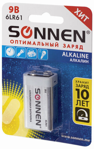 Батарейка SONNEN Alkaline, Крона (6LR61, 6LF22, 1604A), алкалиновая, 1 шт., блистер, 451092