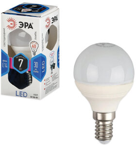 Лампа светодиодная ЭРА, 7 (60) Вт, цоколь E14, шар, холодный белый свет, 30000 ч., LED smdP45-7w-840-E14