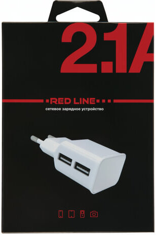 Зарядное устройство сетевое (220В) RED LINE NT-2A, 2 порта USB, выходной ток 2,1 А, белое, УТ000009405