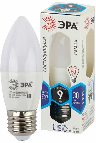 Лампа светодиодная ЭРА STD, 9 (80) Вт, цоколь E27, свеча, нейтральный белый свет, 35000 ч., LED B35-9W-840-E27, Б0027972