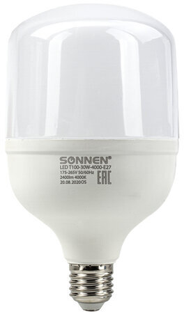 Лампа светодиодная SONNEN, 30 (250) Вт, цоколь Е27, цилиндр, нейтральный белый, 30000 ч, LED Т100-30W-4000-E27, 454923