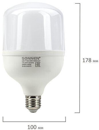Лампа светодиодная SONNEN, 30 (250) Вт, цоколь Е27, цилиндр, нейтральный белый, 30000 ч, LED Т100-30W-4000-E27, 454923