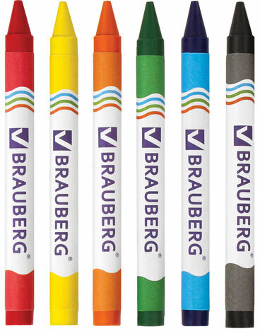 Восковые мелки BRAUBERG, НАБОР 6 цветов, 222961