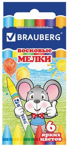 Восковые мелки BRAUBERG, НАБОР 6 цветов, 222961