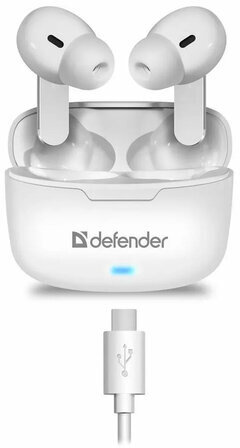 Наушники с микрофоном (гарнитура) DEFENDER TWINS 903, Bluetooth, беспроводные, белые, 63903