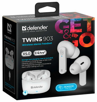 Наушники с микрофоном (гарнитура) DEFENDER TWINS 903, Bluetooth, беспроводные, белые, 63903