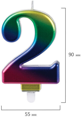 Свеча-цифра для торта "2" "Радужная", 9 см, ЗОЛОТАЯ СКАЗКА, с держателем, в блистере, 591435