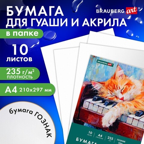 Бумага для гуаши и акрила А4 10л, 235 г/м2, 210х297мм, в папке, BRAUBERG ART CLASSIC, "Кот-музыкант", 117731