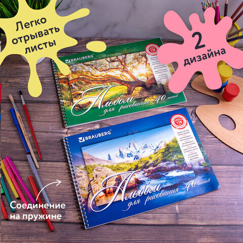 Альбомы для рисования А4 40 л., КОМПЛЕКТ 2 шт., гребень, обложка картон, BRAUBERG, 205х290 мм, "Природа" (2 вида), 880031