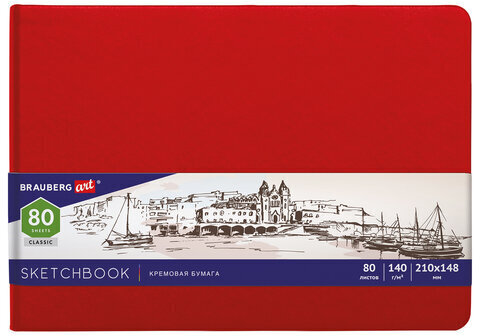 Скетчбук, слоновая кость 140 г/м2 210х148 мм, 80 л., КОЖЗАМ, резинка, BRAUBERG ART CLASSIC, красный, 113197