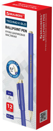 Ручка шариковая масляная BRAUBERG "Techno-X GLD", СИНЯЯ, корпус синий, золотистые детали, линия 0,5 мм, 144223
