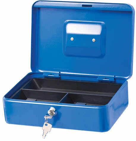 Ящик для денег, ценностей, документов, печатей, 90х180х250 мм, ключевой замок, синий, BRAUBERG, 290335