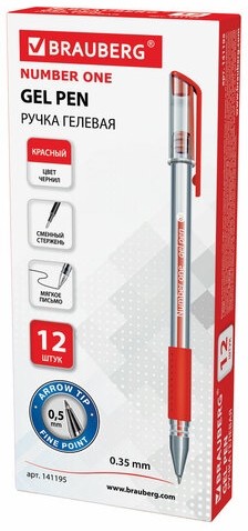 Ручка гелевая с грипом BRAUBERG "Number One", КРАСНАЯ, узел 0,5 мм, линия письма 0,35 мм, 141195