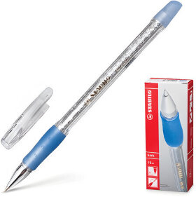 Ручка шариковая с грипом STABILO &quot;Keris&quot;, СИНЯЯ, корпус прозрачный с блестками, узел 0,5 мм, линия письма 0,3 мм, 538/41XF