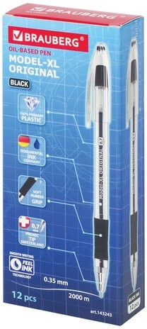 Ручка шариковая масляная с грипом BRAUBERG "Model-XL" ORIGINAL, ЧЕРНАЯ, узел 0,7 мм, линия письма 0,35 мм, 143243