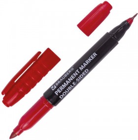 Маркер перманентный (нестираемый) двусторонний BRAUBERG &quot;Double&quot;, КРАСНЫЙ, наконечники 0,8/3 мм, 151637