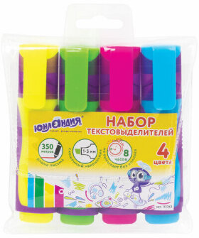 Набор текстовыделителей ЮНЛАНДИЯ 4 шт., АССОРТИ, &quot;ELASTIC&quot;, прорезиненный корпус, линия 1-5 мм, 151763