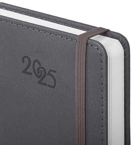 Ежедневник датированный 2025 А5 138x213 мм, BRAUBERG "Optimal", под кожу, резинка-фиксатор, держатель для ручки, серый, 115896