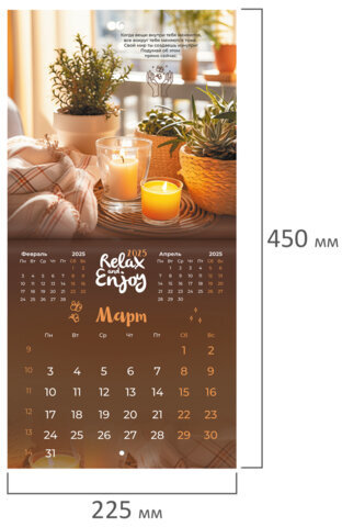 Календарь настенный перекидной на 2025 г., BRAUBERG, 12 листов, 22,5х22,5 см, МИНИ, "Relax", 116177