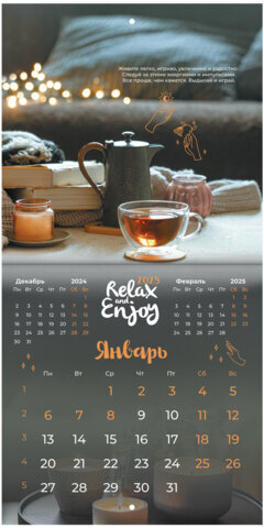 Календарь настенный перекидной на 2025 г., BRAUBERG, 12 листов, 22,5х22,5 см, МИНИ, "Relax", 116177