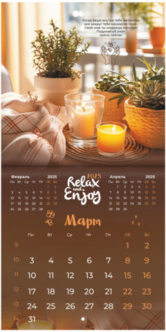 Календарь настенный перекидной на 2025 г., BRAUBERG, 12 листов, 22,5х22,5 см, МИНИ, "Relax", 116177