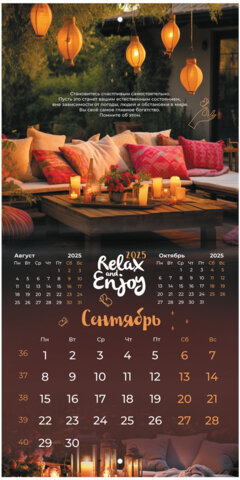 Календарь настенный перекидной на 2025 г., BRAUBERG, 12 листов, 22,5х22,5 см, МИНИ, "Relax", 116177