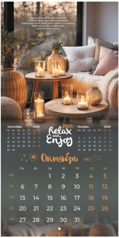 Календарь настенный перекидной на 2025 г., BRAUBERG, 12 листов, 22,5х22,5 см, МИНИ, "Relax", 116177