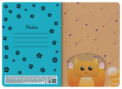 Тетрадь 40 л. в клетку обложка КРАФТ, бежевая бумага 70 г/м2, сшивка, А5 (147х210 мм), SPACE CAT, BRAUBERG, 403762