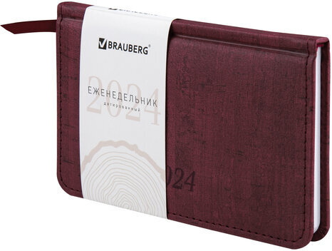 Еженедельник датированный 2024 МАЛЫЙ ФОРМАТ А6 95х155 мм, BRAUBERG "Wood", под кожу, бордовый, 115051