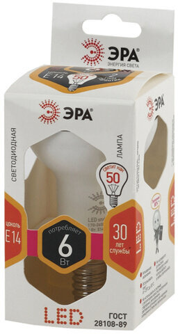 Лампа светодиодная ЭРА, 6 (50) Вт, цоколь E14, рефлектор, теплый белый свет, 30000 ч., LED smdR50-6w-827-E14