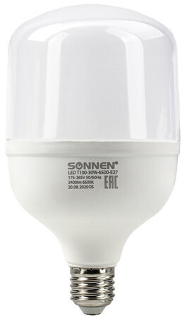 Лампа светодиодная SONNEN, 30 (250) Вт, цоколь Е27, цилиндр, холодный белый, 30000 ч, LED Т100-30W-6500-E27, 454924
