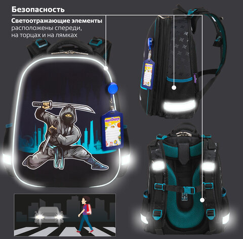 Ранец ЮНЛАНДИЯ EXTRA с дополнительным объемом, 2 отделения, "Black ninja", 38x29x18 см, 271380