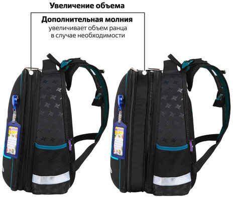 Ранец ЮНЛАНДИЯ EXTRA с дополнительным объемом, 2 отделения, "Black ninja", 38x29x18 см, 271380