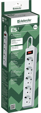 Сетевой фильтр DEFENDER ES, 5 розеток, 5 м, белый, 99483