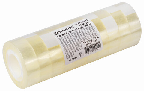 Клейкие ленты 15 мм х 33 м канцелярские BRAUBERG, комплект 10 шт., прозрачные, гарантированная длина, 227259