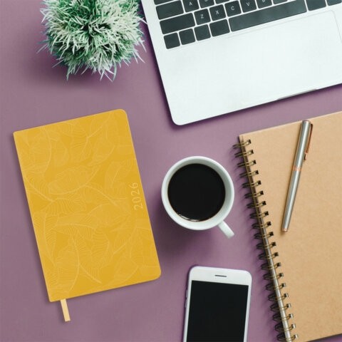 Ежедневник датированный 2026 А5 138x213 мм, BRAUBERG "Foliage", под кожу, гибкий, желтый, 117130