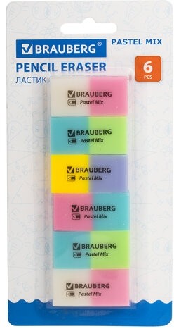 Набор ластиков BRAUBERG "Pastel Mix", 6 шт., цвета ассорти, 44х21х10 мм, экологичный ПВХ, 229597