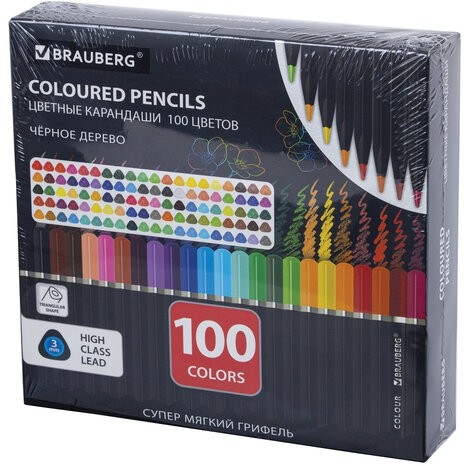 Карандаши цветные чёрное дерево BRAUBERG BLACK WOOD, 100 цветов, мягкий грифель 3 мм, 182045